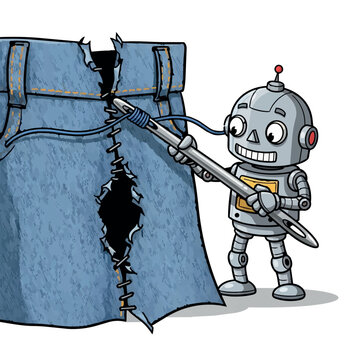Cute robot sewing large torn blue jeans with oversized needle in playful vector illustration concept