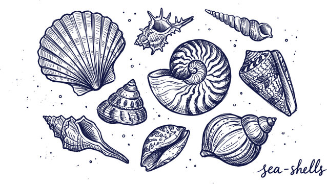 Vintage hand drawn monochrome sea shells set featuring detailed engraving icons isolated on white background