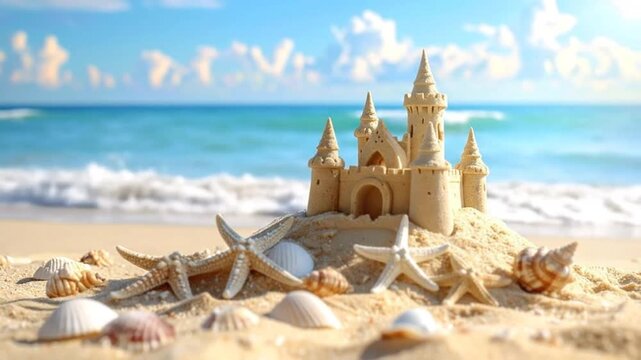 A beautiful sandcastle with seashells on a sandy beach near the ocean