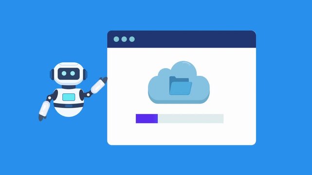 Animated robot assistant presenting a cloud storage interface with data repository and progress indicator. Looping motion graphic for cloud computing, file management, and technology concepts.