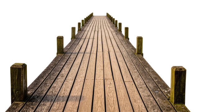 Weathered wooden pier walkway with posts extending into distance