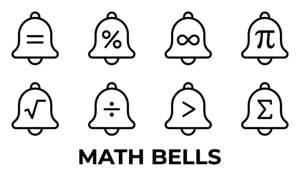 Math bells line icons with mathematical symbols bell shape vector graphic design.
