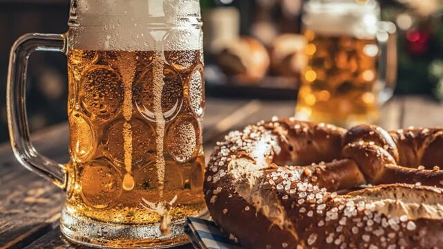 Frosty beer mug with foam and salted pretzel on a wooden table