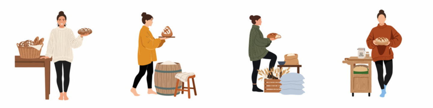 Set of flat vector illustrations featuring women baking and holding artisan sourdough bread in a rustic home kitchen setting.