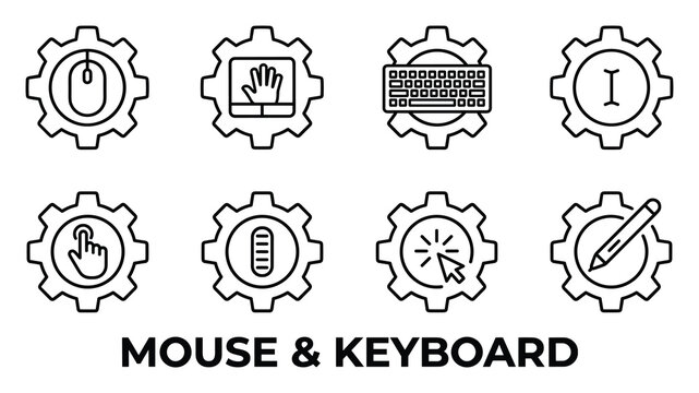 Mouse and keyboard icons set with gear outline cursor pointer and pencil gear icons.