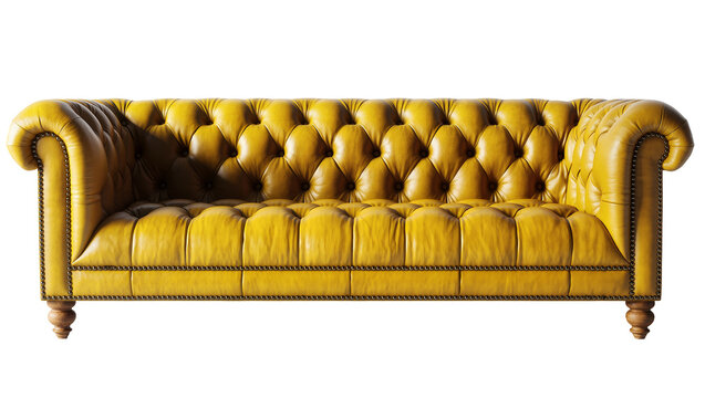 Yellow leather chesterfield sofa with button tufting and nailhead trim