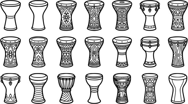 Music  Culture: Black and White Line Art Icons Set of Traditional Middle Eastern Hand Drums, Doumbeks, and Darbukas for Percussion