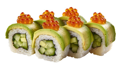 Avocado sushi rolls topped with salmon roe and cucumber filling © Ari