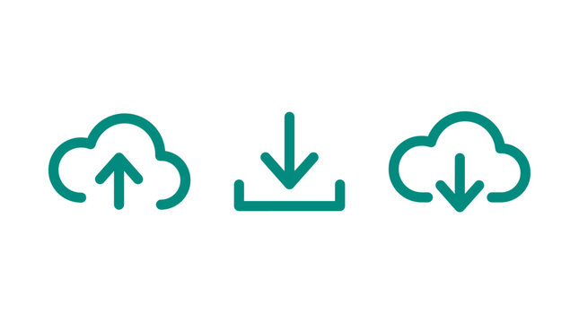 Cloud storage computing icon set, file upload and download arrows, digital data synchronization transfer outline vectors