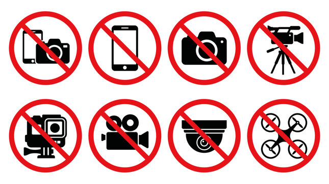 No recording or photography allowed icon set, smartphone and professional camera prohibition signs, drone quadcopter ban, privacy restriction warning stickers vector