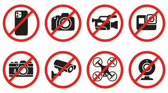 No recording or photography allowed icon set, smartphone and camera prohibition signs, drone flying ban, privacy restriction warning stickers vector
