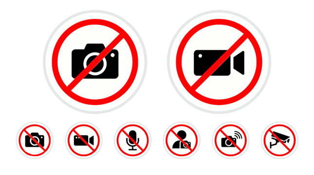 No photography allowed icon set, video recording prohibition sign, no filming or audio recording, privacy protection warning stickers vector