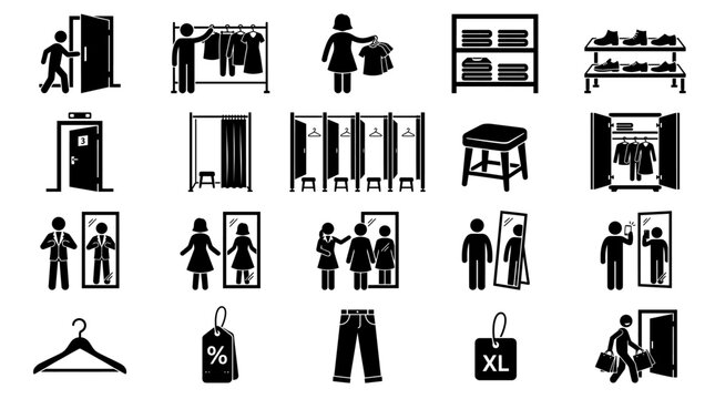 Shopping icon set, fitting room dressing stall, clothing store silhouette, trying clothes in mirror, retail hanger vector