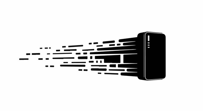 Abstract digital data stream flowing from a dark server on a white background.