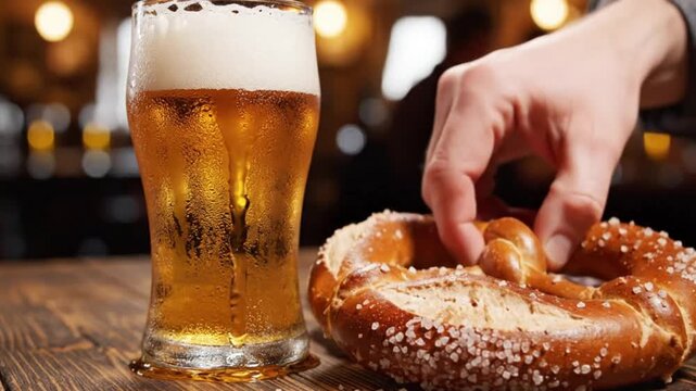 Cold glass of beer with fresh soft pretzels on pub table