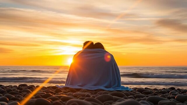 A romantic couple wrapped in a blanket watching the sunset at the beach