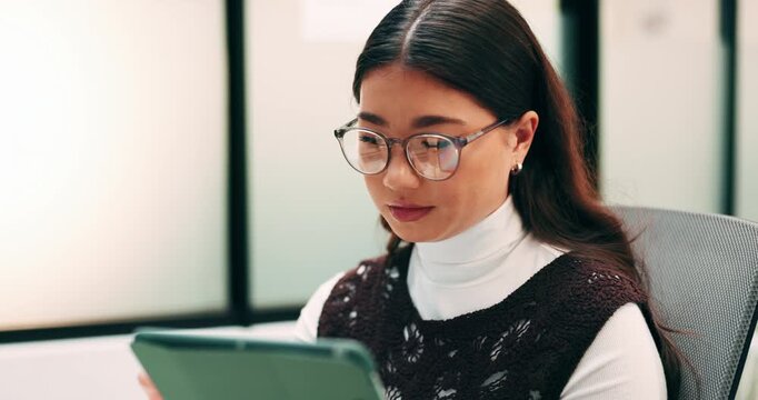 Business, glasses or Asian woman in office with tablet, research or budget insight for funding pitch. Reflection, specs or finance advisor with tech, portfolio review or proposal plan for investment.