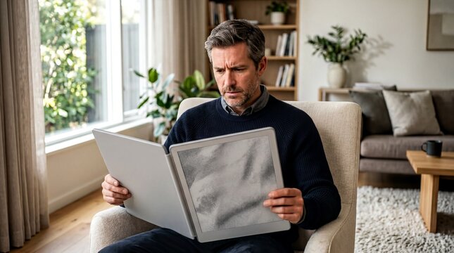 modern lifestyle concerns, a man expresses concern while reading about ais impact on jobs in a modern living room