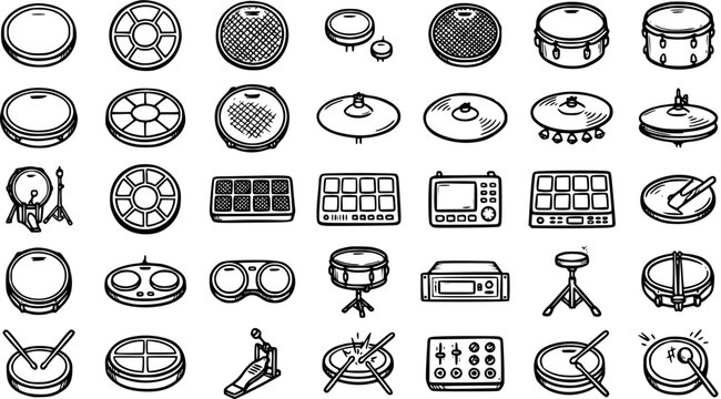 Black and White Line Art Vector of Drum Kit Elements and Electronic Percussion