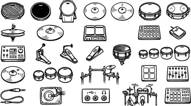 Hand-drawn Black and White Line Art Icons of Percussion Instruments, Drum Machines, and Audio Gear for Music Production