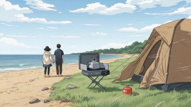 A couple standing on a beach near a tent and camping stove in anime style