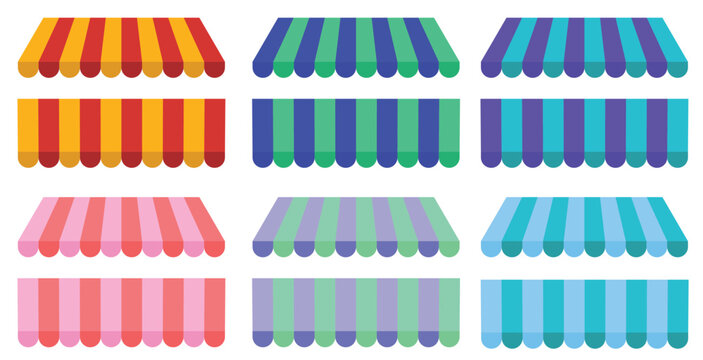 Striped Shop Awnings Set: Vector Illustration of Vintage Market Canopies Isolated on Light Background	assic, element, design, graphic, illustration, vector, 