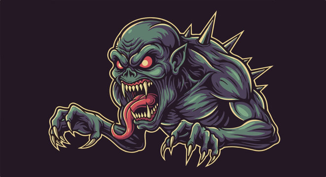 A grotesque creature with sharp fangs, glowing red eyes, and spiked back