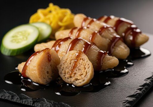 Pempek palembang with cuko sauce and cucumber slices