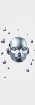 Metallic robot head with antenna, floating circles on white background, circuitry, technology