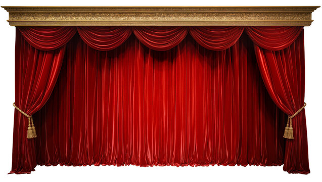 Red velvet stage curtains with gold trim and tassels
