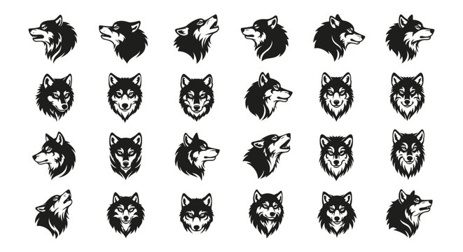 Collection of 20 wolf head illustrations in black and white various expressions and angles on a white background