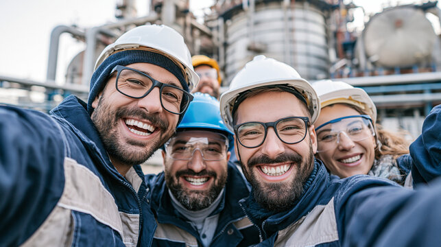 Cheerful team of industrial workers in hard hats and safety glasses taking a selfie outside a modern refinery or chemical plant