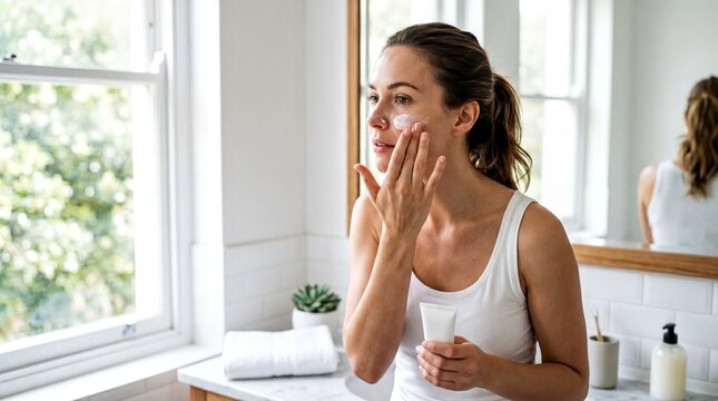 skincare routine, a woman applies spf sunscreen to her face in a bright bathroom