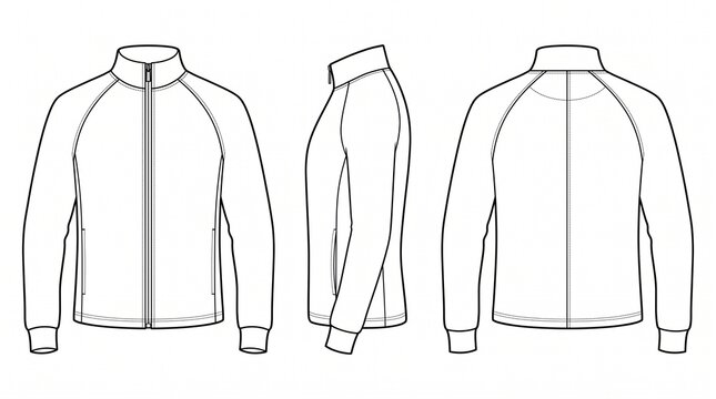 Vector illustration of a blank white men's full-zip track jacket with raglan sleeves, shown from front, side, and back views, suitable for design mockups.