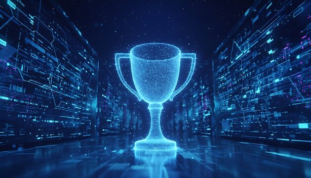Glowing blue trophy, futuristic digital background, cyberpunk style, symbolizing achievement, success, and innovation for business, technology, and marketing