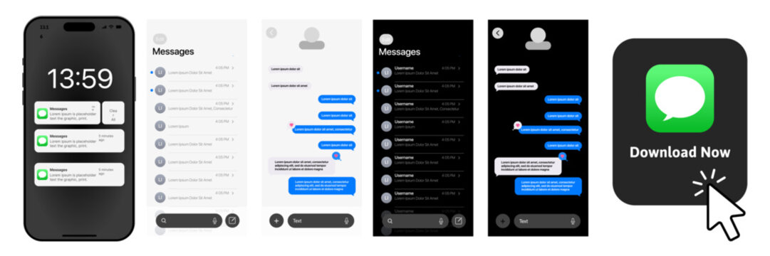 iMessage Mobile App Interface Mockup, Chat Screen, Messaging and Text UI on iPhone 2026. light mode and dark mode iMessage