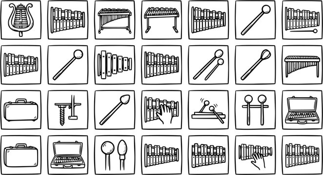 Music Percussion Instruments Line Art Icons: Xylophones, Marimbas, Glockenspiels, and Mallets in Black and White Doodle Style.