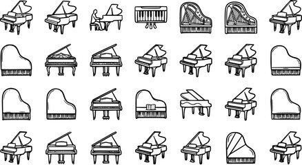 Black and White Line Art Illustrations of Various Grand and Upright Pianos, Music Instruments © victoria