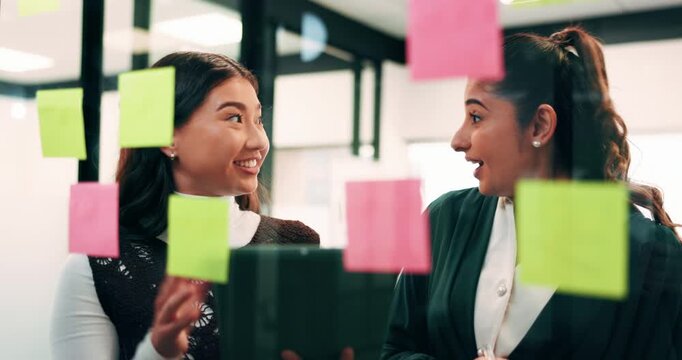 Women, team and sticky note with tablet in office, glass wall and strategy at finance agency. Happy people, broker and talk with tech, problem solving and insight on app at asset management company