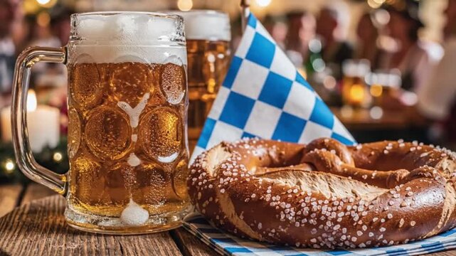 Cold lager in a glass mug with a large salted pretzel at a festival