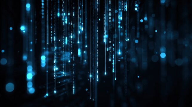 Abstract digital technology concepts, luminous blue binary code flowing in a dark space, matrix-style data rain, holographic interface elements, futuristic cybersecurity visualization.