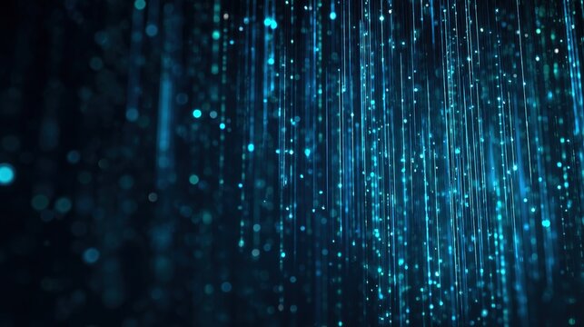 Abstract digital technology concepts, luminous blue binary code flowing in a dark space, matrix-style data rain, holographic interface elements, futuristic cybersecurity visualization.