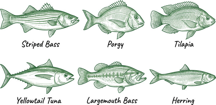 Commercial edible fish varieties chart featuring vintage green ink sketches of striped bass porgy tilapia yellowtail tuna largemouth bass and herring vector illustration