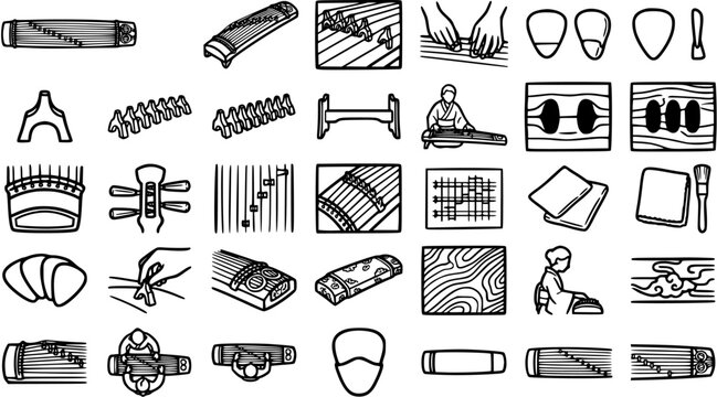 Traditional Asian Koto Guzheng Music Instruments and Playing Techniques Line Art Icons Set - Cultural String Zither Glyph Collection