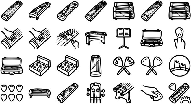 Traditional Asian Zither and String Instrument Line Art Icon Set for Music and Cultural Design