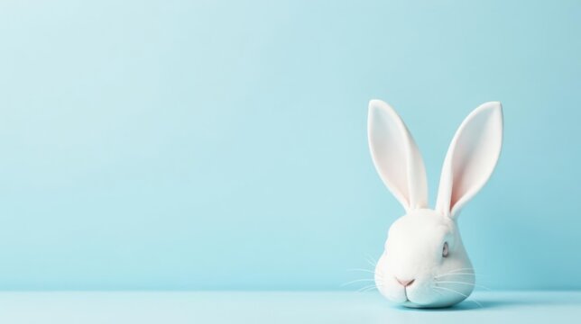 A serene white rabbit head against a pastel blue background, perfect for spring celebrations and peaceful imagery