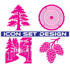 Four pink featuring a coniferous tree, a cross-section of a tree trunk with rings, a forest path, and a cluster of three pine cones on a branch © Ferdou