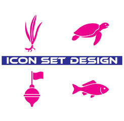 Four pink featuring a small plant, a sea turtle, a fishing float with a flag, and a fish, all on a white background © Ferdou