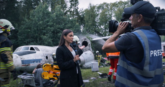 News Cameras and Reporters Document a Forest Airplane Crash Response While Firefighters and Paramedics Coordinate Survivor Rescue Near Damaged Fuselage, Smoke, Stretchers, and Emergency Tape