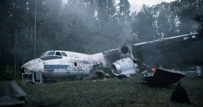 Firefighter Rescue Gear Is Staged Below a Shattered Passenger Airplane Fuselage in a Dense Forest Crash Zone, Where Smoke, Small Flames, Torn Panels, and Debris Surround the Damaged Airplane Wreckage.